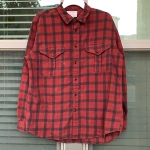 Filson Lightweight Alaskan flannel shirt LARGE red black plaid well worn faded